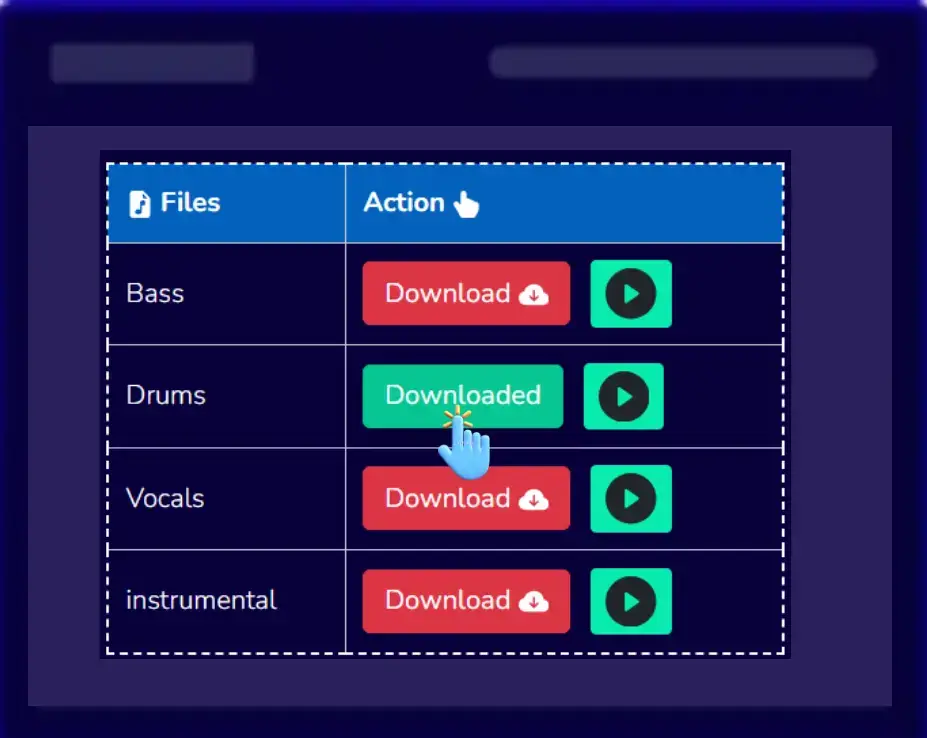 preview the extracted vocals, drums and instrumentals from the uploaded audio file before download